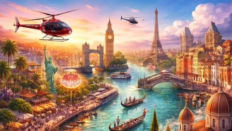 VR Travel Relax Bundle 7 Heli Las Vegas Los Angeles London Paris Venice Florence cover